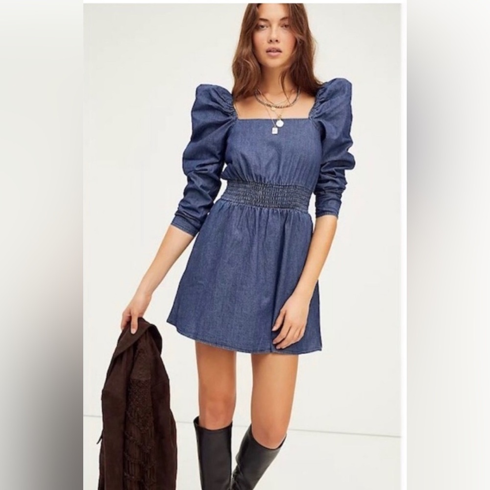 Free People Women’s Molly Puff Sleeve Retro Western Denim Mini Dress Size M